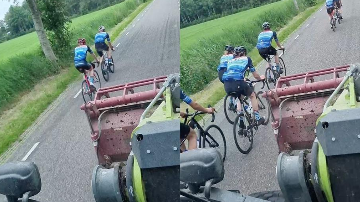 Groepje wielrenners veroorzaken grote frustratie bij boer Tom (video)