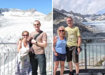 Zelfde foto, 15 jaar later: Stel staat bij gesmolten gletsjer door opwarming van de aarde