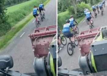 VIDEO: Boer wordt geblokkeerd door wielrenners en heeft het helemaal met ze gehad