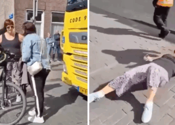 VIDEO: Vrouw wil statement maken en gaat voor vrachtwagens liggen, maar krijgt geen medelijden